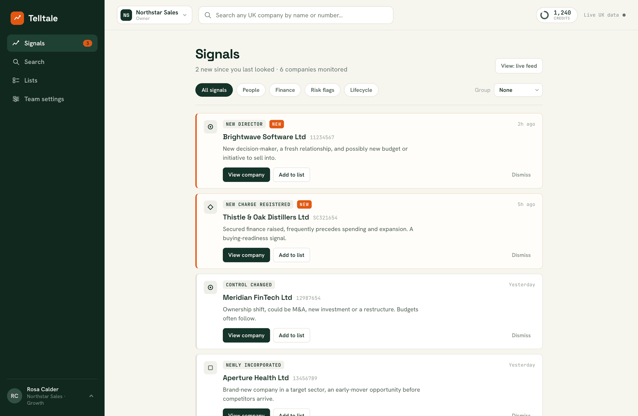 The Telltale Signals feed: a reverse-chronological list of buying-signal cards